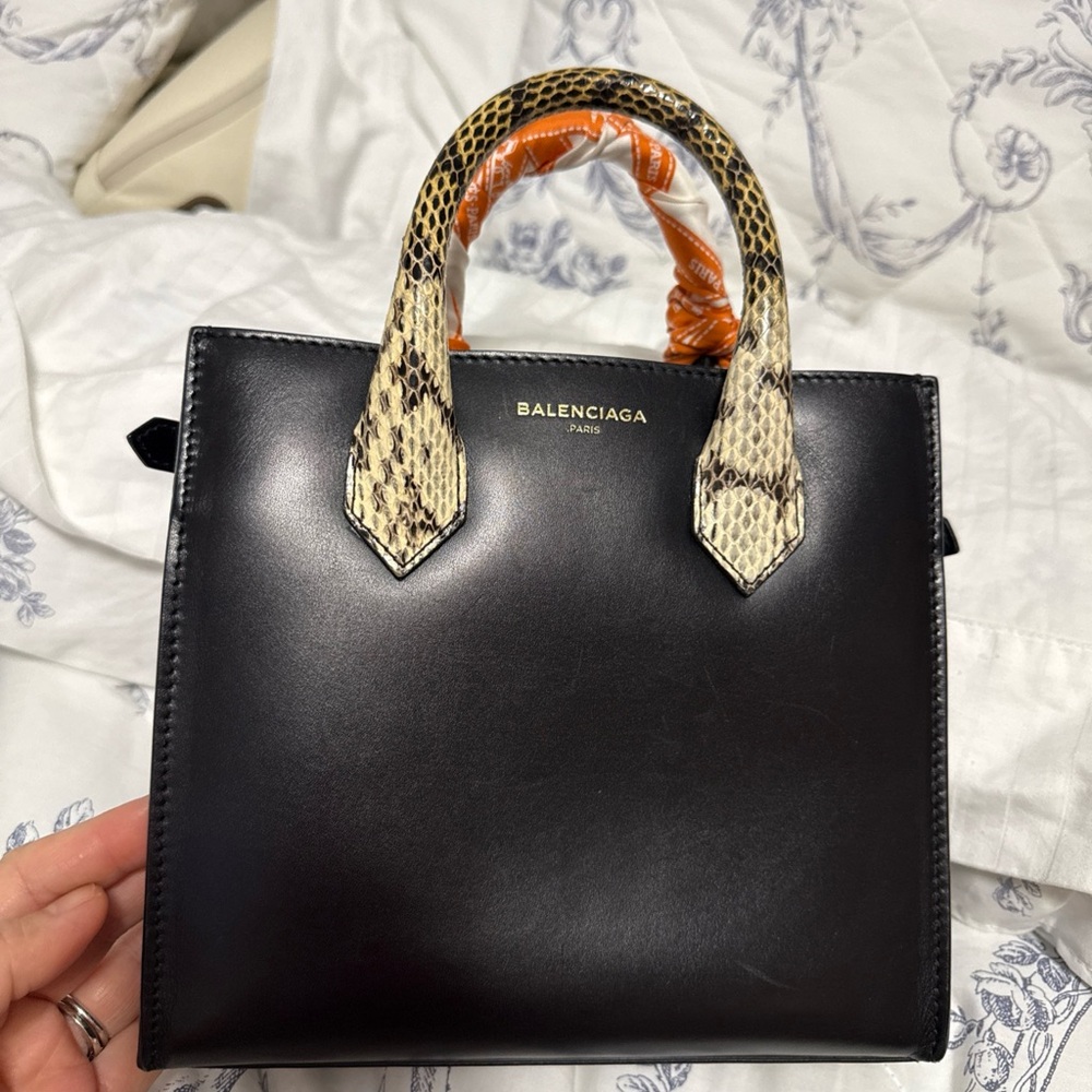 Balenciaga Black Leather Satchel with Snakeskin-Print Handles and Orange Wrap